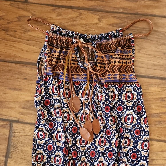 Women's Boho Printed Wide-Leg Jumpsuit - Blue Multi - Picture 10 of 11